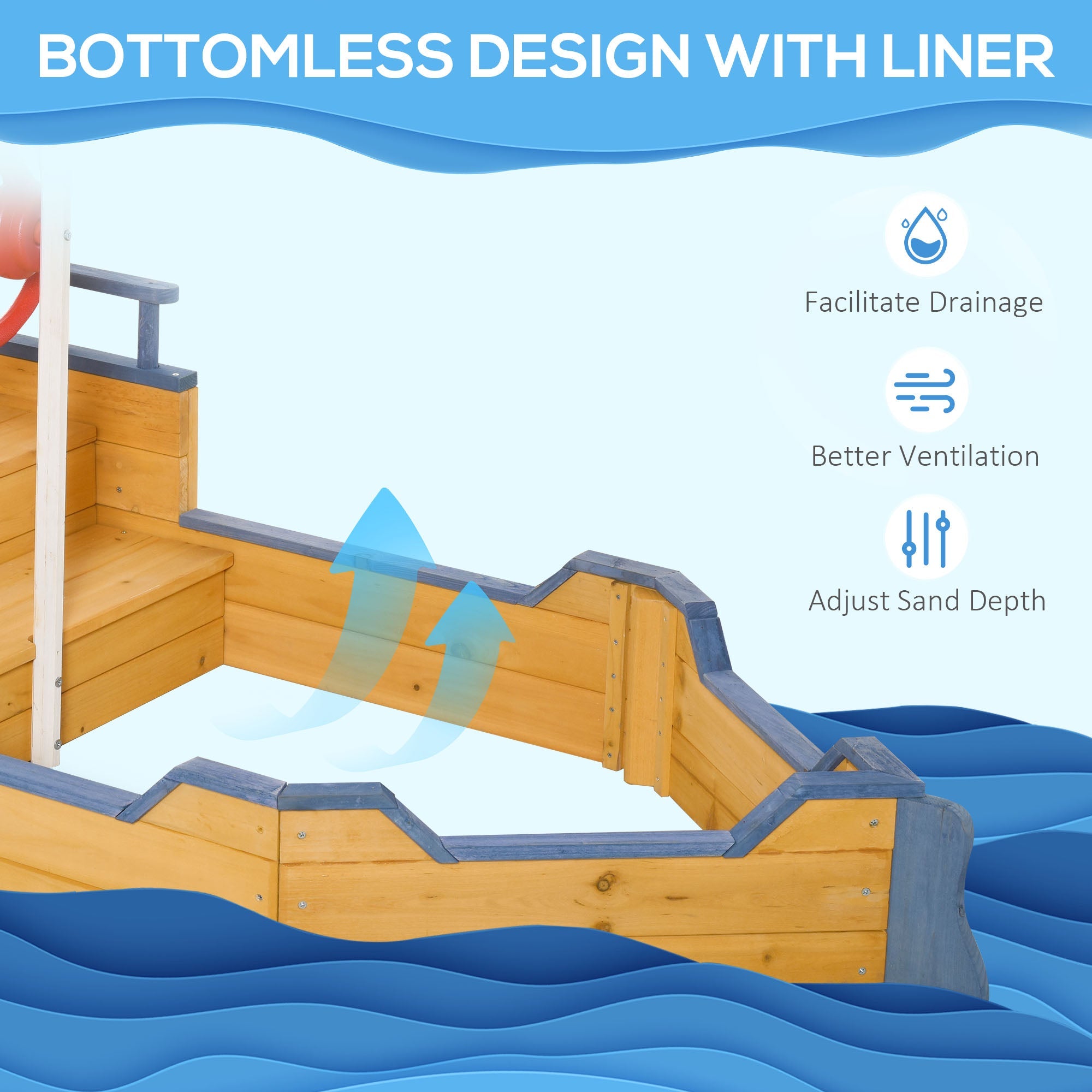 Outsunny Pirate Ship Sandbox Wooden Outdoor Playset for Kids Backyard Play Station Bench Seat Storage Flag