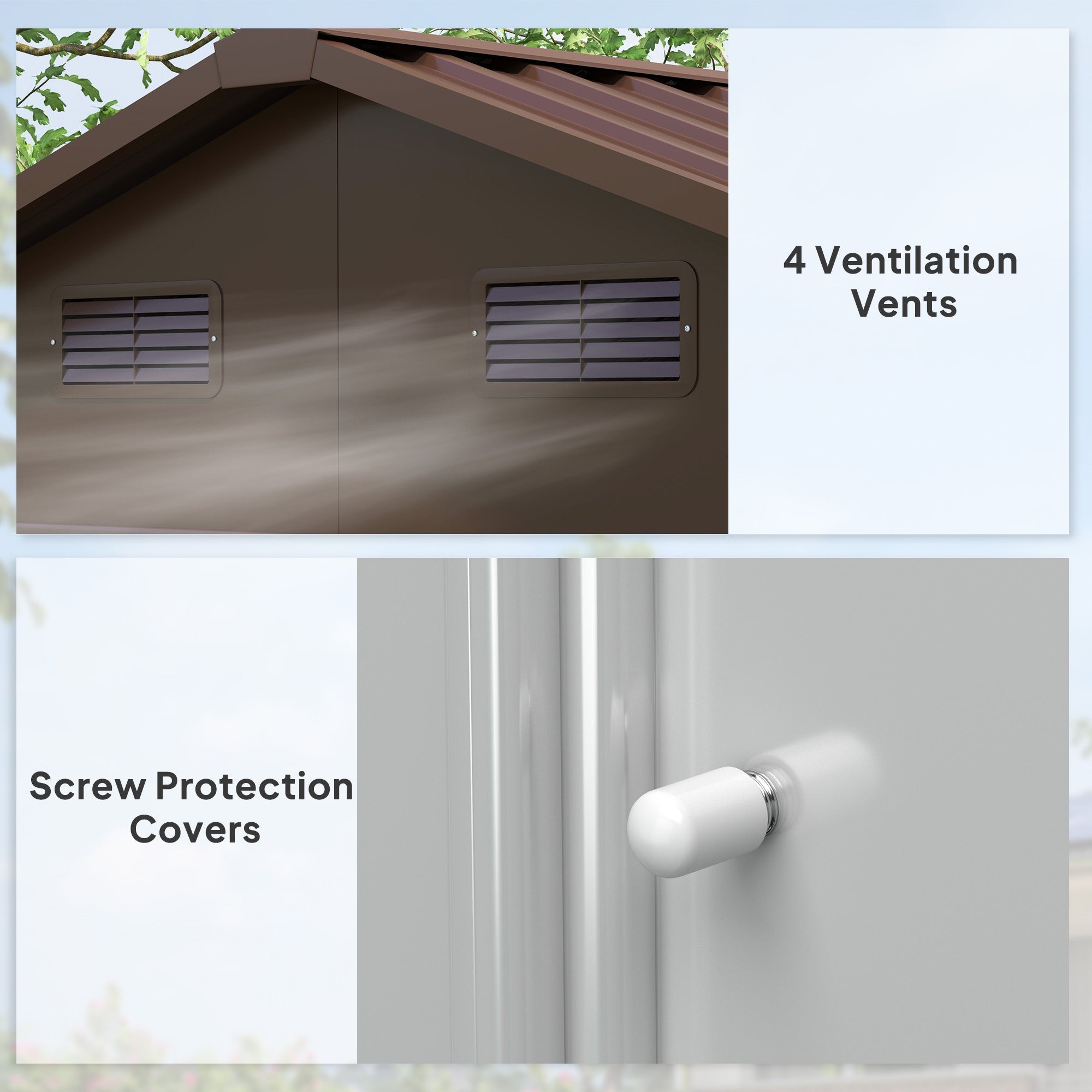 Outsunny 7.7' x 6.5' Outdoor Metal Garden Shed House Hut Gardening Tool Storage with Ventilation, Dark Brown with Wood Grain