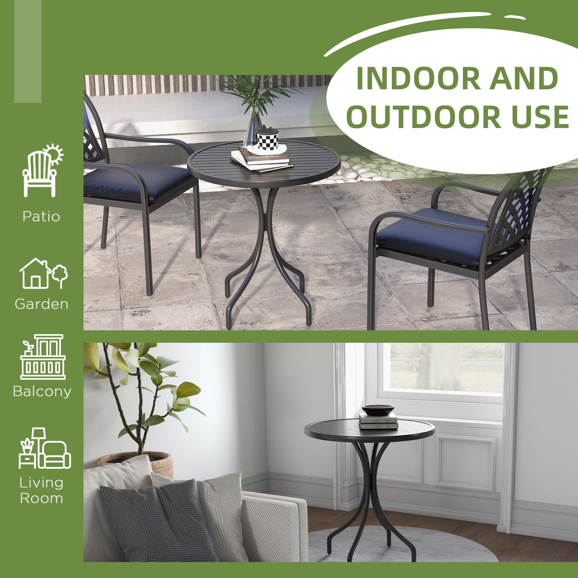 Outsunny 26" Round Outdoor Side Table with Steel Frame Slat Tabletop Patio Garden Balcony Furniture Black