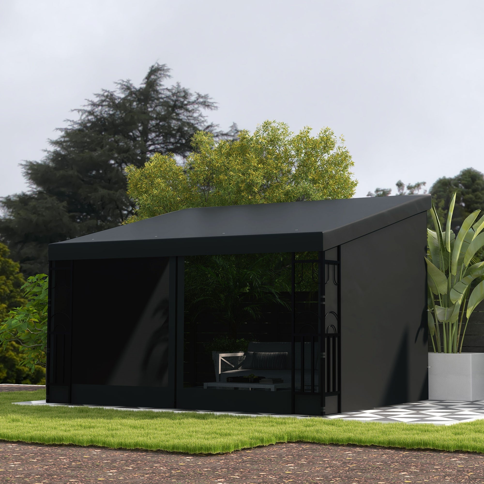 Outsunny Wall Pergola 10x13 ft Outdoor Gazebo with Curtains Nettings UV Resistant for Patio Deck