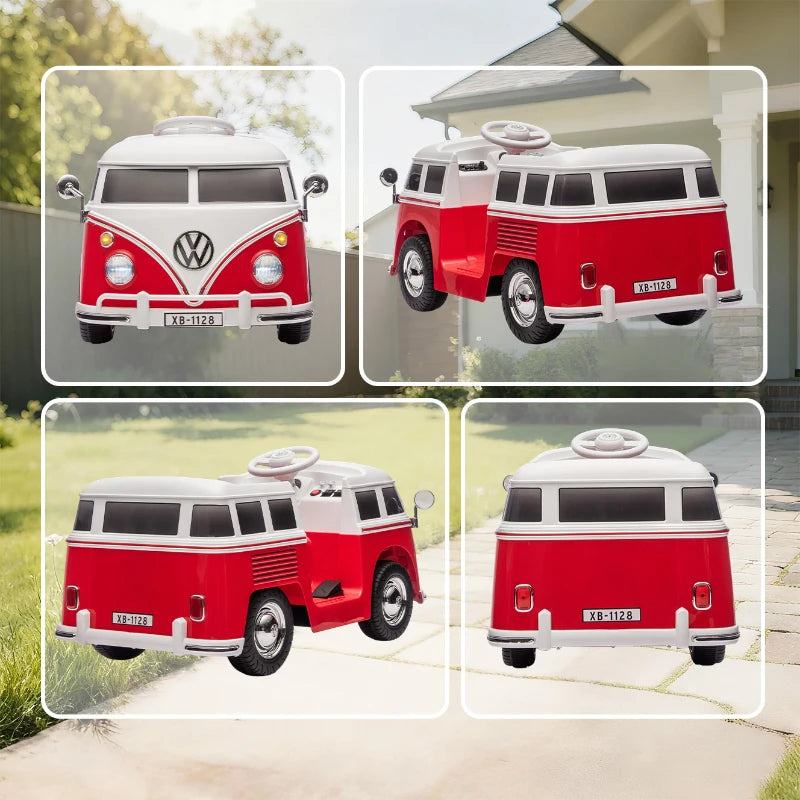 Qaba 12V Kids Ride on Car, Lisensed Volkswagen T1 Electric Vehicle with Dual Motor and Soft Start for 3-7 Years, Red