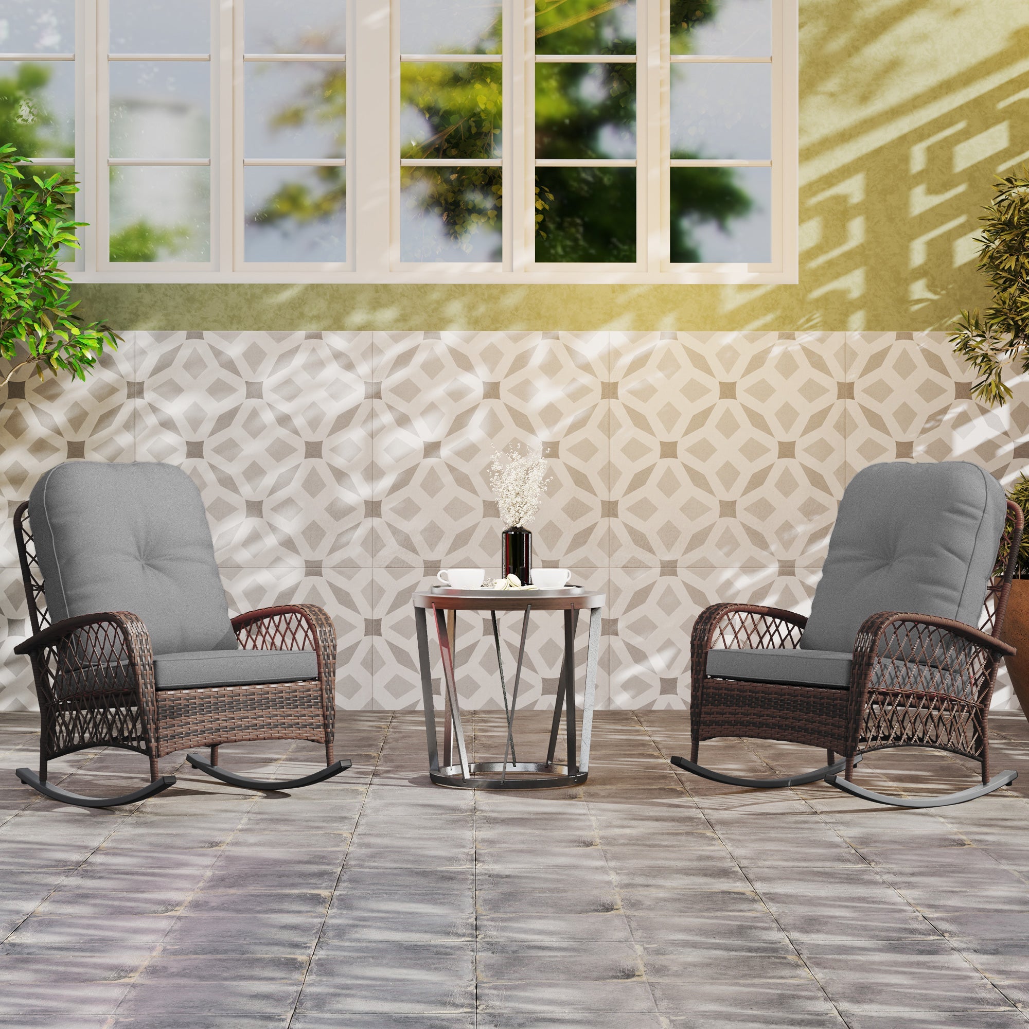 Outsunny Outdoor Wicker Rattan Rocking Chair Set of 2, Patio Rocker with Thick Cushions for Garden Backyard Porch, Grey