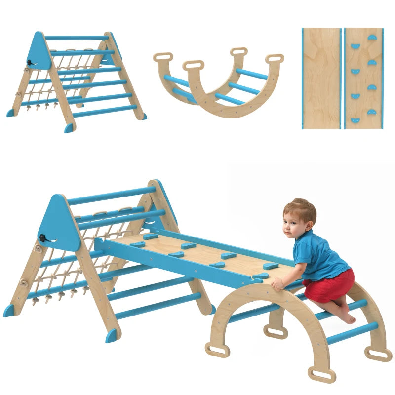 Qaba 8-in-1 Pikler Triangle Set, Foldable Wooden Climbing Toys with Arch, Ramp and Ladder for Ages 18-48 Mouths, Blue
