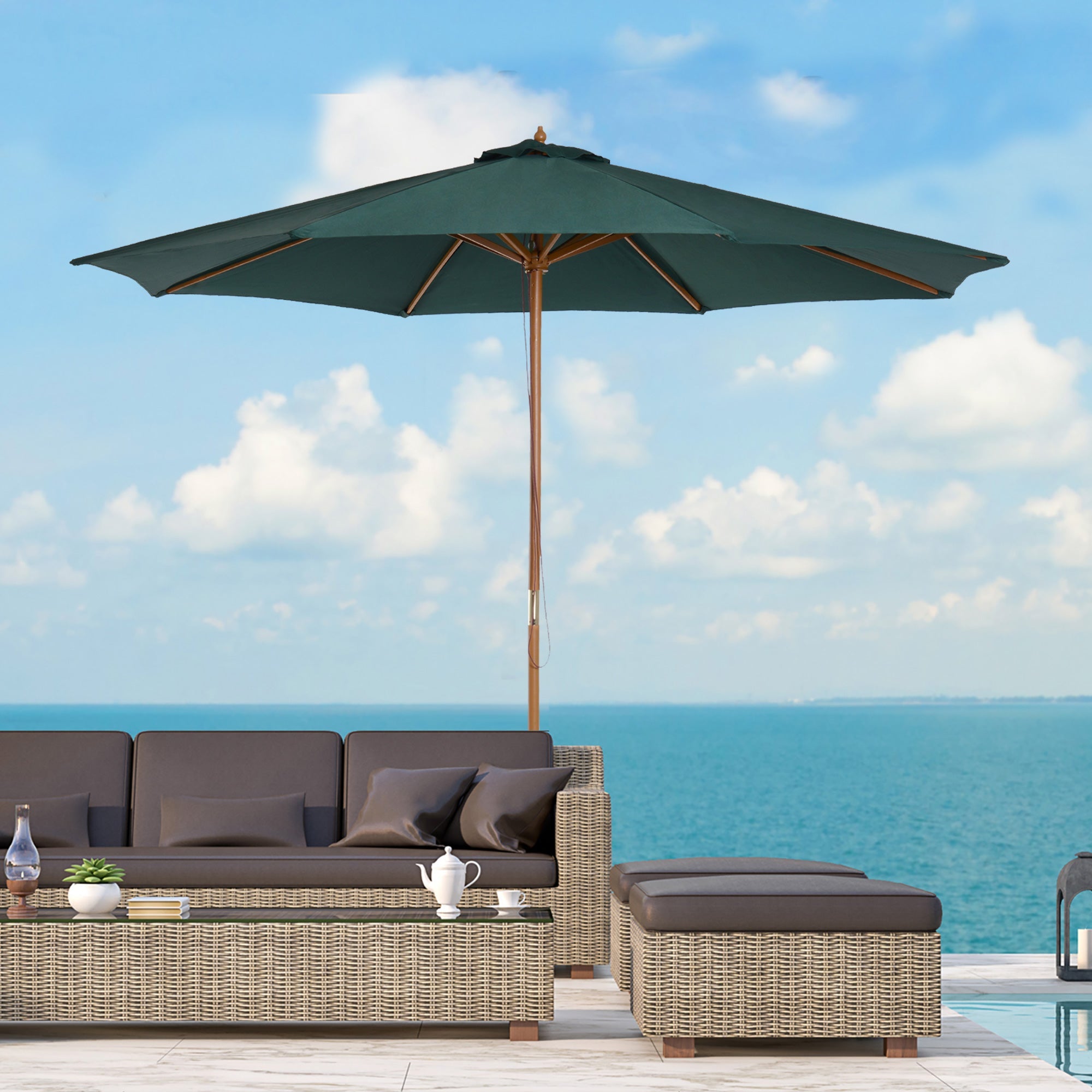 Outsunny 10FT Round Patio Umbrella with Rope Pulley Mechanism, Wooden Market Umbrella, Garden Parasol with 8 Ribs, Dark Green