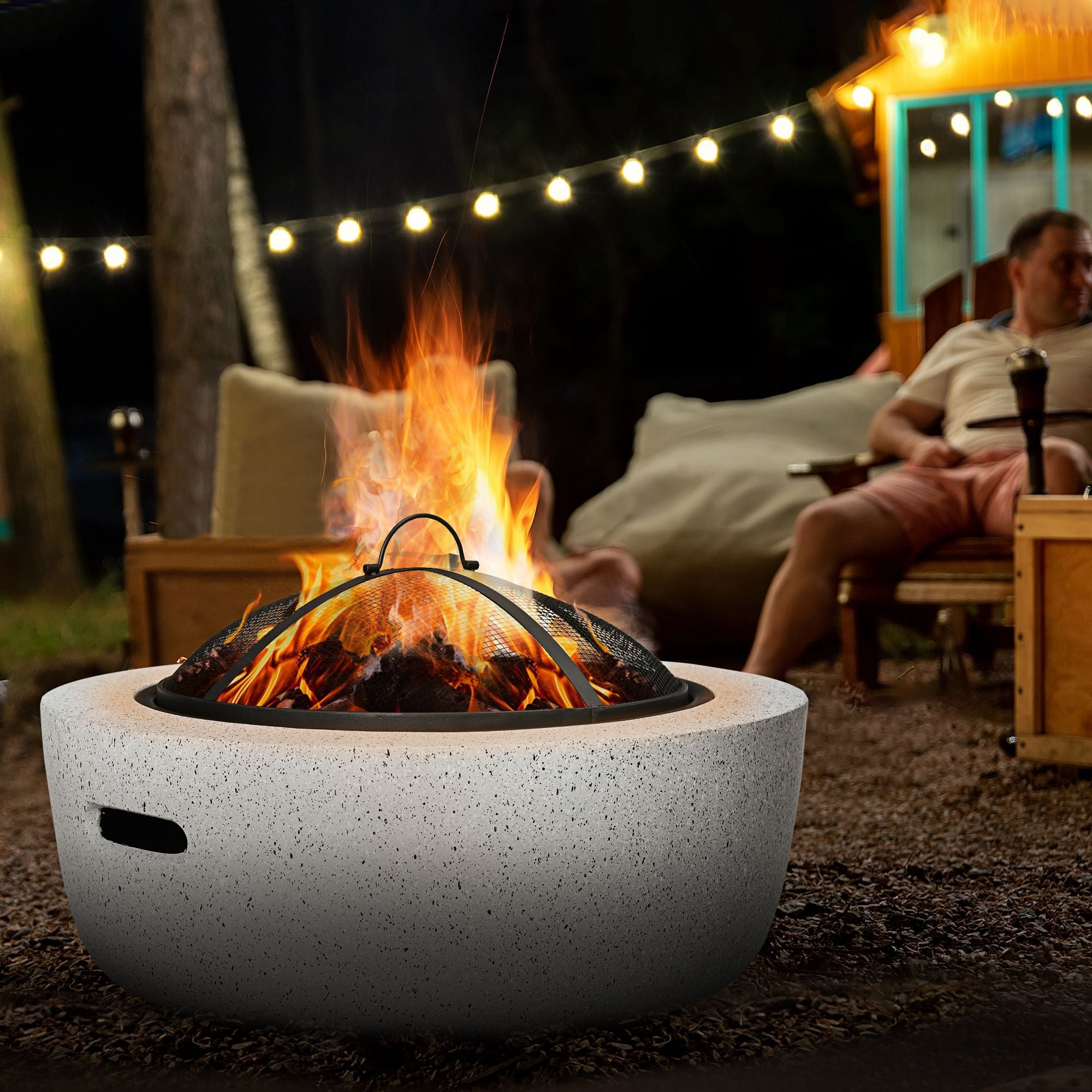 Outsunny 24" Outdoor Fire Pit with Stone Effect, Wood-burning Firepit Fireplace with Spark Screen and Poker for Backyard, Grey