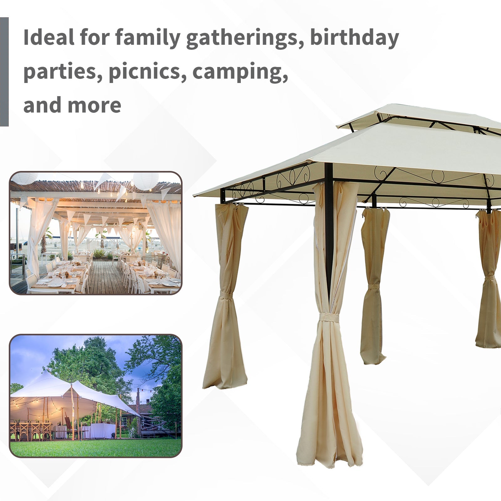 Outsunny 13'x 10' Soft-top Backyard Gazebo 2-Tiers Garden Canopy Sunshade Shelter with Curtains, Cream White
