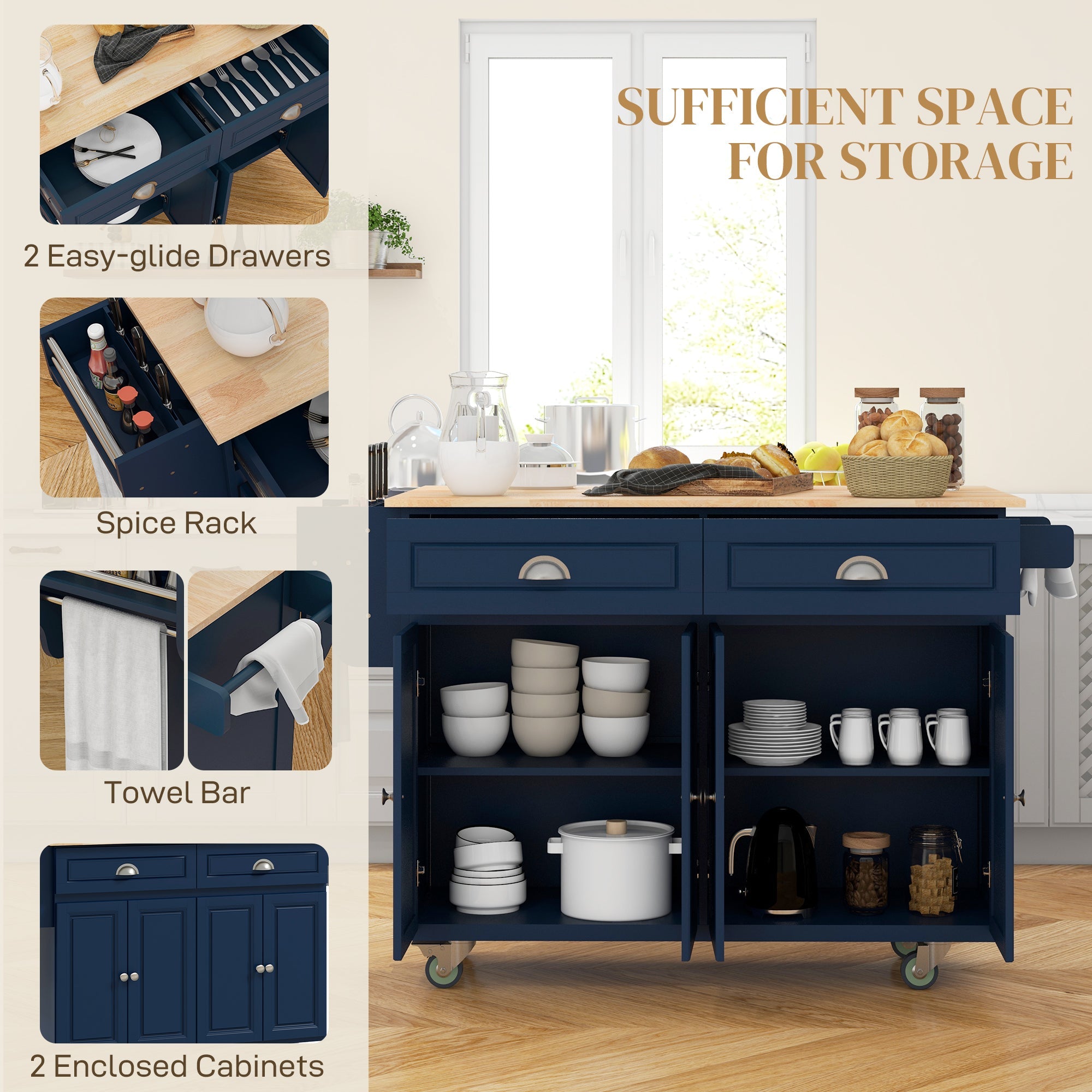 HOMCOM Kitchen Island with Storage, Rolling Kitchen Island with Drop Leaf, Rubber Wood Top and Adjustable Shelves, Navy Blue