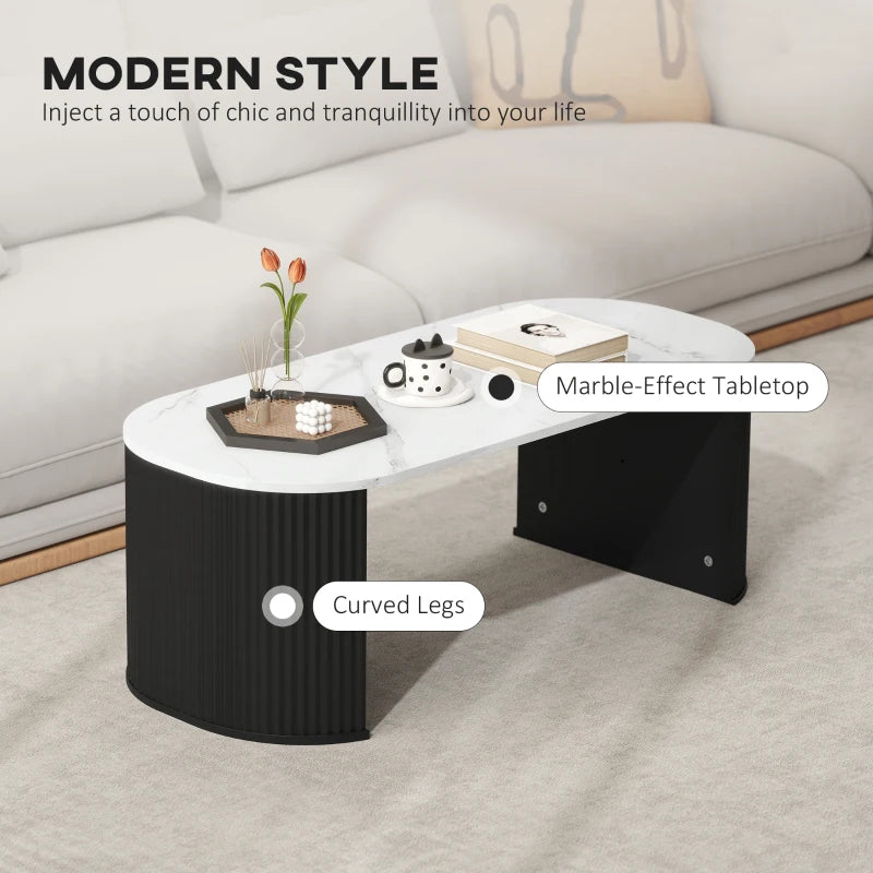 Coffee Table, Modern Marble-Effect Living Room Table with Round Corners and Thicken Legs, Black