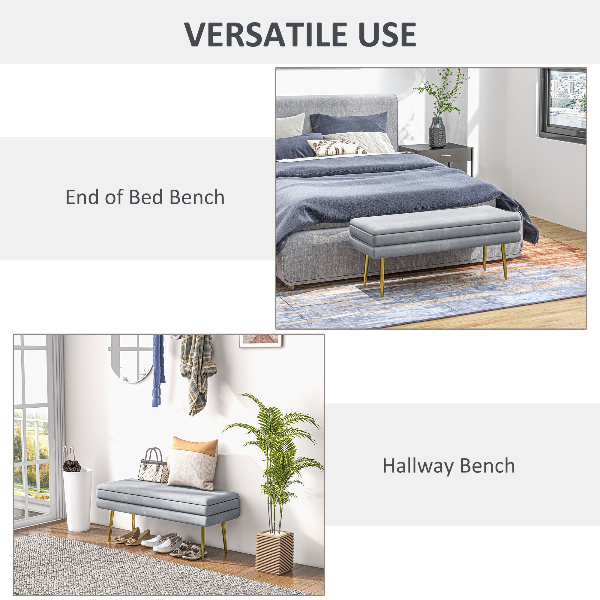 HOMCOM Luxe End of Bed Bench: Dark Grey Velvet-feel Upholstered Padded Seat, Steel Legs, Modern Bedroom Furniture