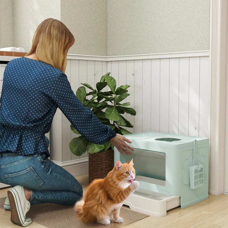 Cat Litter Box, Front Enter & Top Exit Cat Litter Tray with Scoop, Pull-out Tray, Easy to Clean, Green