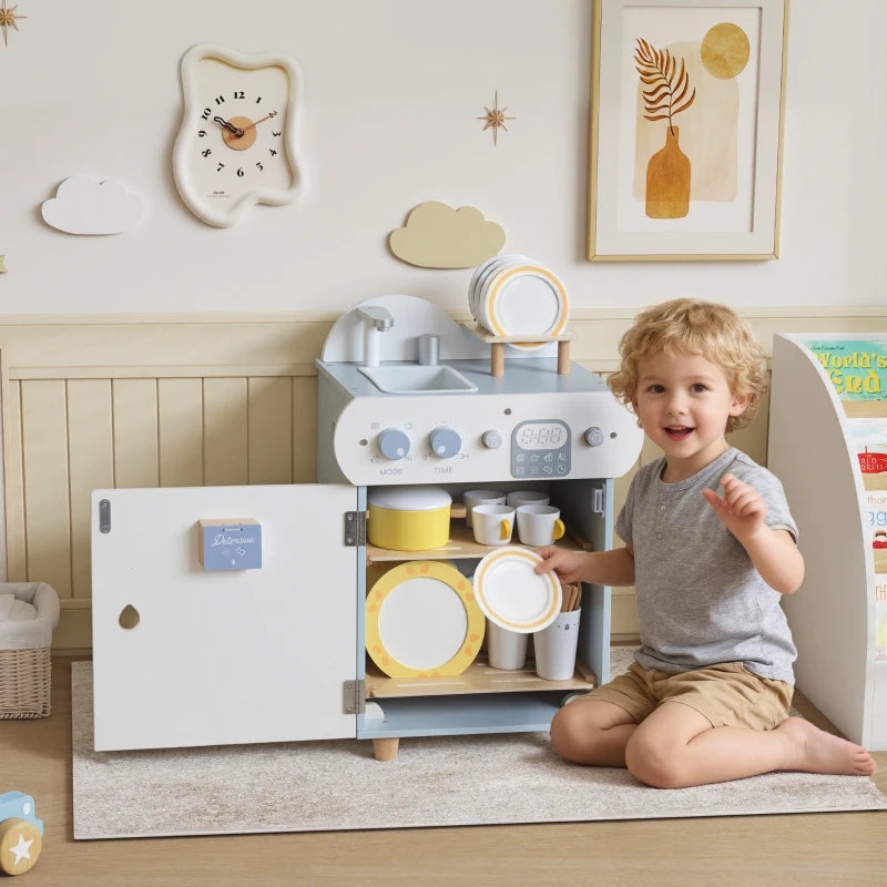 Qaba Wooden Dishwasher Playset, Play Sink Toys with Faucet, Turning Knobs and Accessories, Gift for Boys Girls Toddlers