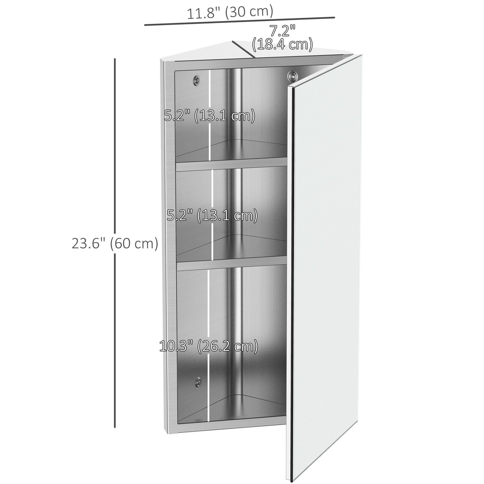 HOMCOM Sleek Corner Mirror Cabinet: Stainless Steel Wall Mounted Bathroom Storage with Single Door