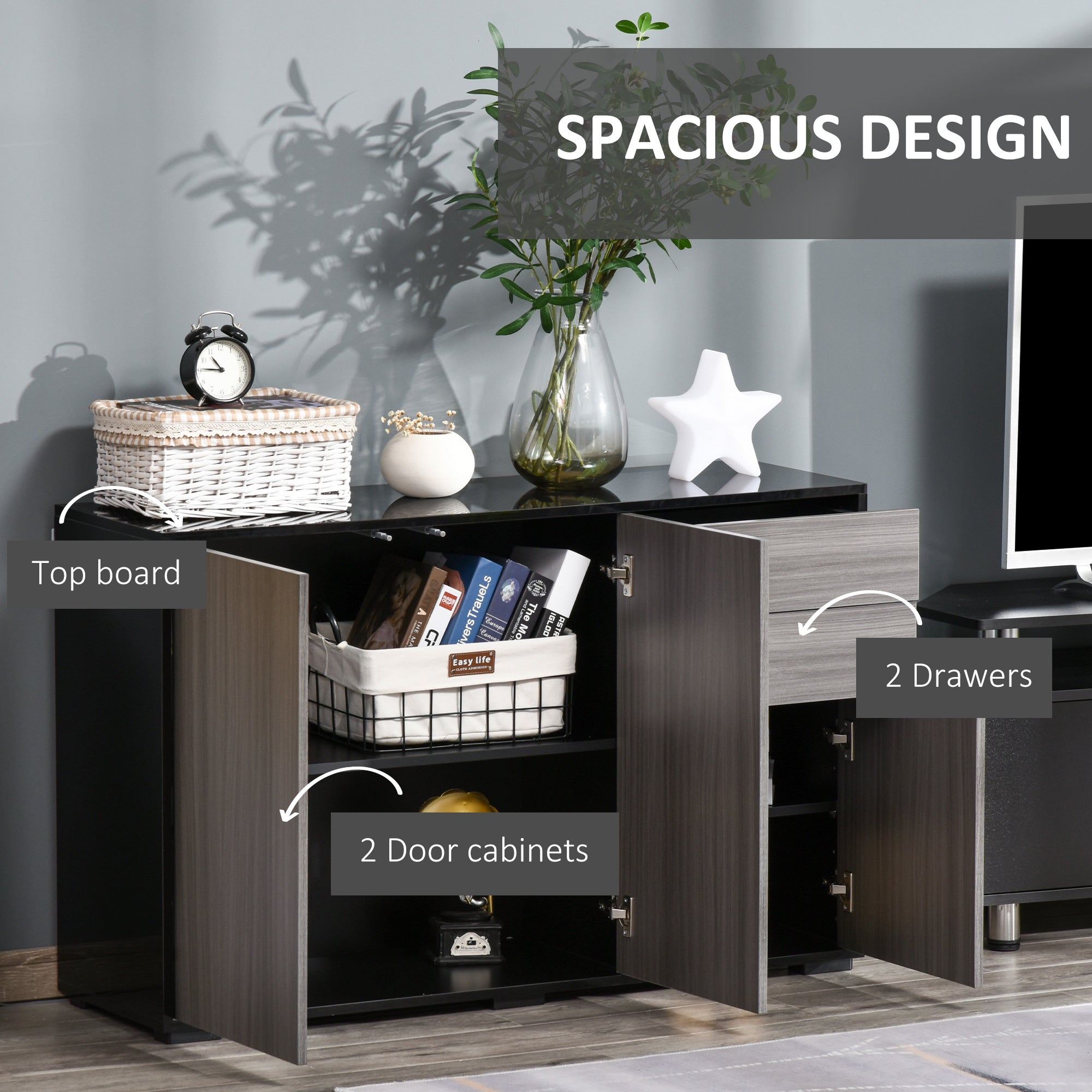 HOMCOM Coffee Companion: Kitchen Sideboard Storage Cabinet with Push-Open Drawers, Modern Design for Living Room, Black Hue