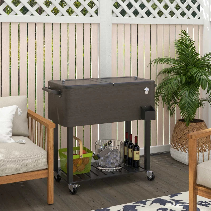 Outdoor Beverage Cooler Bar Cart, 67-Qt Patio Cooler Cart Rolling Ice Chest with Shelf, Bottle Opener and Wheels, Grey