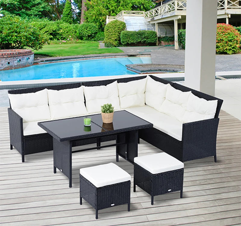 Outsunny 6pcs Outdoor Rattan Sofa Set Garden Wicker Sectional Couch Furniture Set with Dining Table and Chair White