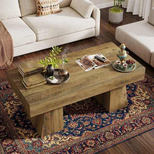 Rustic Farmhouse Coffee Table, 47.24-Inch Rectangular Center Table with Solid Base