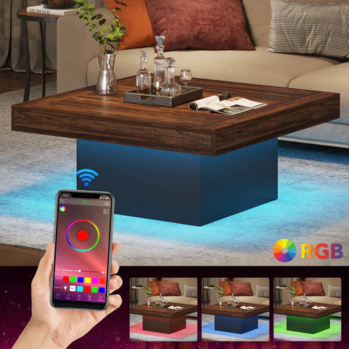 Square Coffee Table 35.4" Farmhouse Wood Cocktail Table with LED Light and Sturdy One-Leg Design Rustic Brown