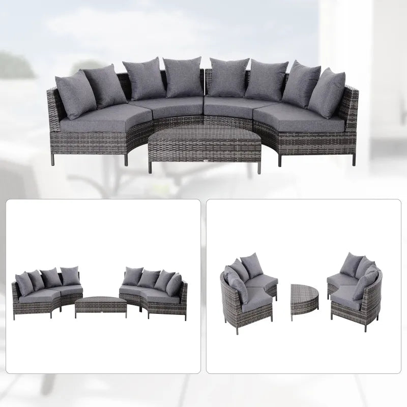 Outsunny 5PC Patio Furniture Set Outdoor Garden Rattan Wicker Sofa Cushioned Half-Moon Seat Deck with Pillow, Table, Grey