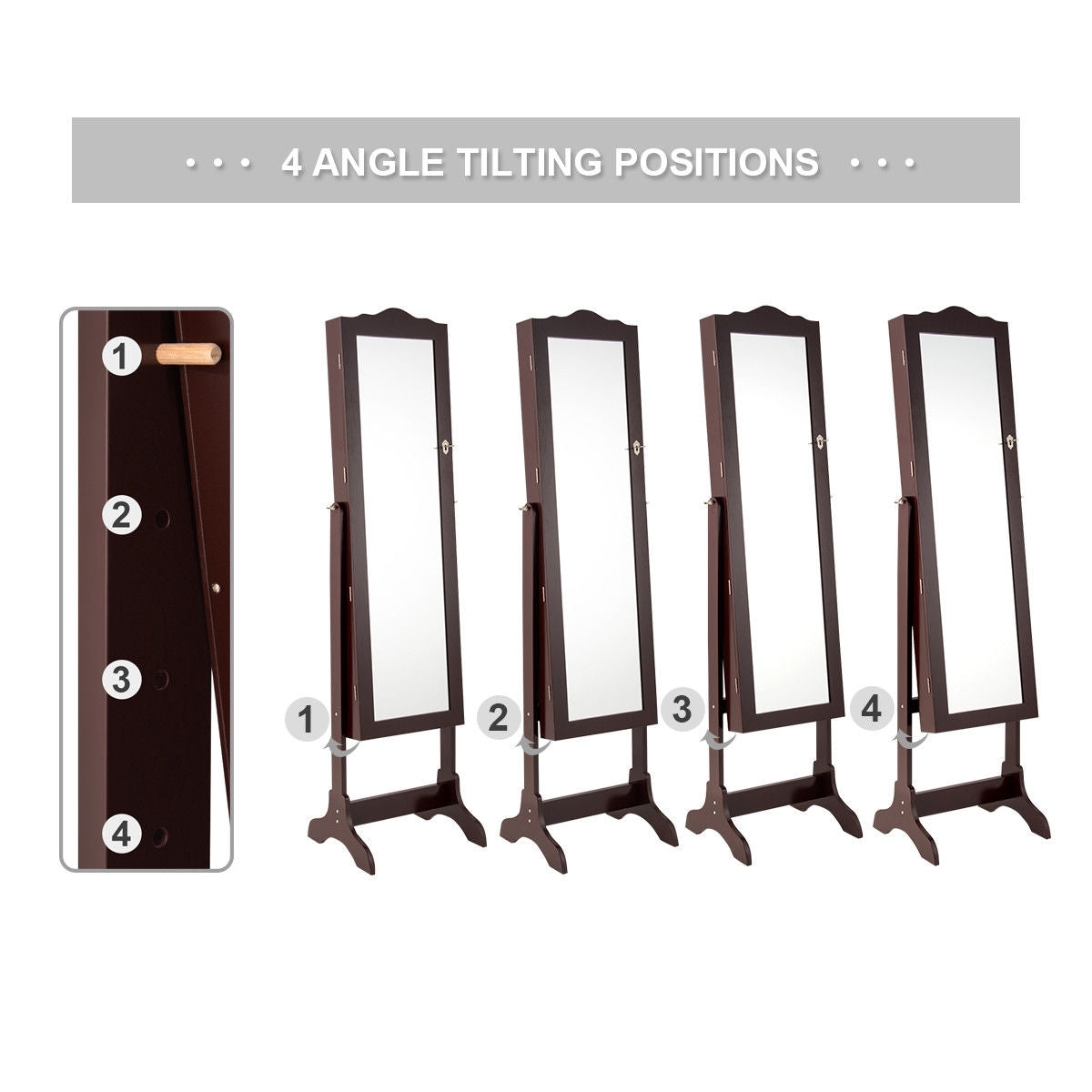 Mirrored Jewelry Cabinet Storage With Drawer And Led Lights -CoffeeÂ