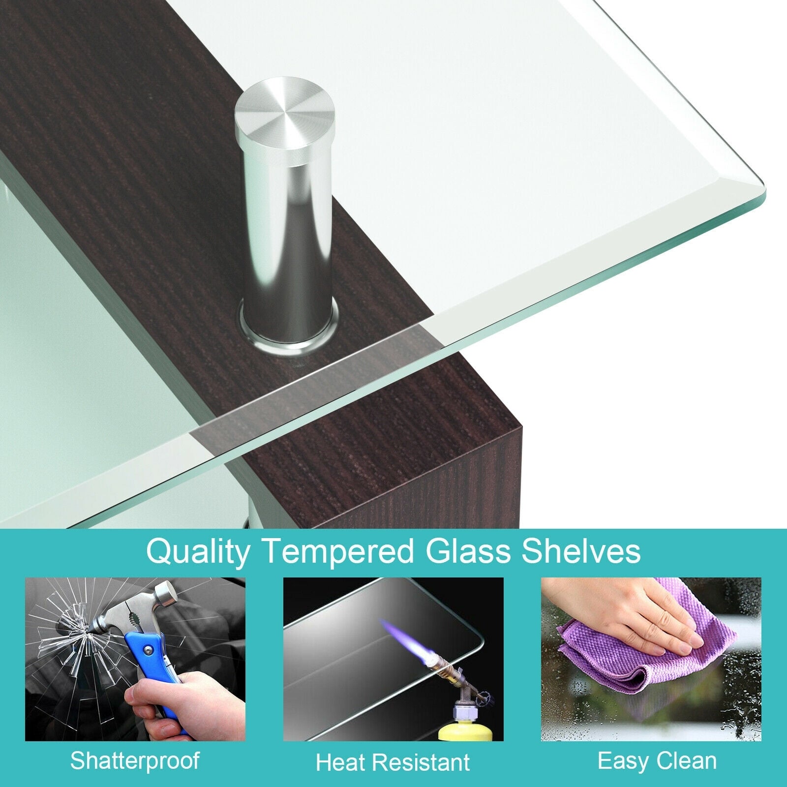 Rectangular Tempered Glass Coffee Table with Shelf-BrownÂ