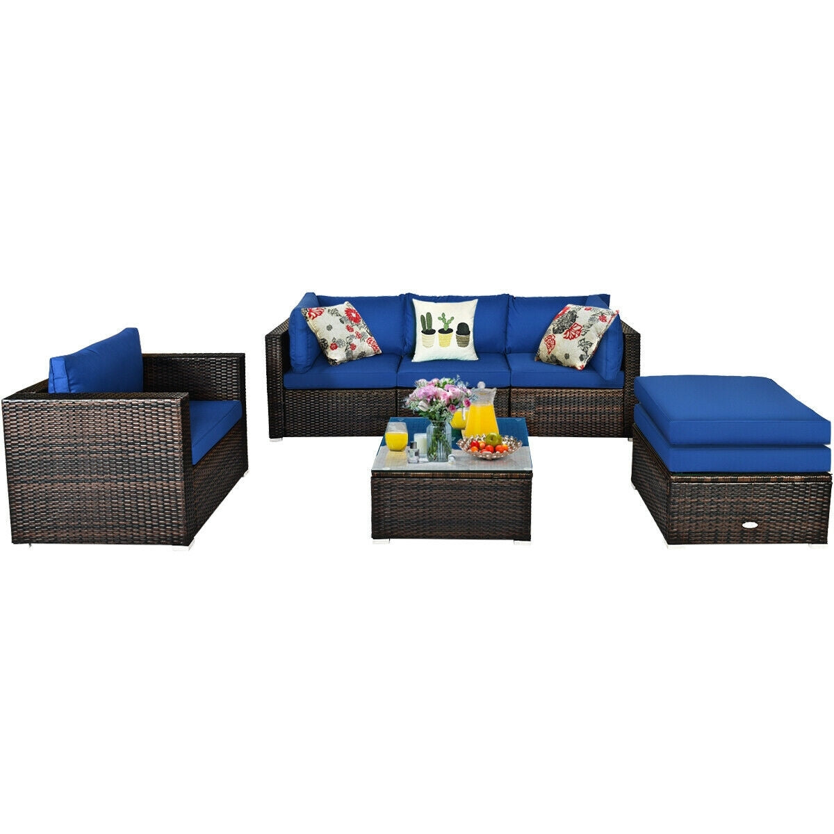 6 Pieces Patio Rattan Furniture Set with Sectional Cushion-BlueÂ