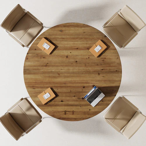 Conference Table 47" Solid Wood Round Meeting Table with Thickened Tabletop and Cross Base Design Brown