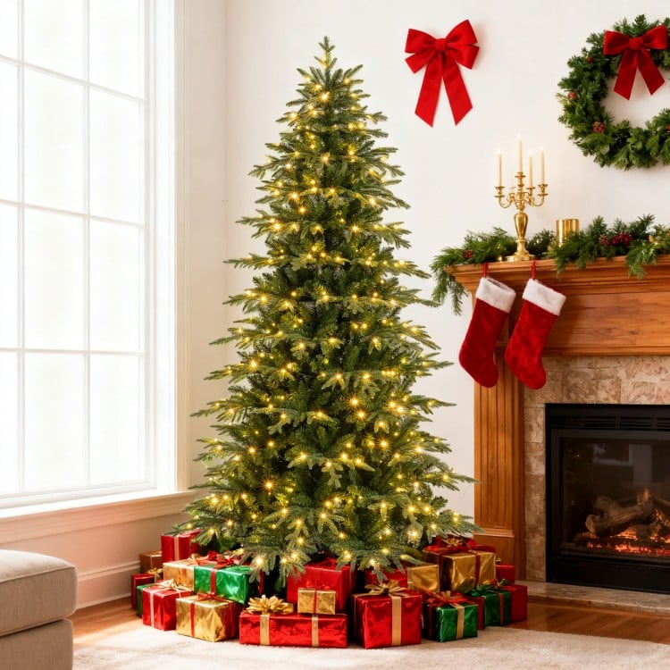 Pre-Lit Artificial Christmas Tree Hinged Xmas Tree with LED Lights