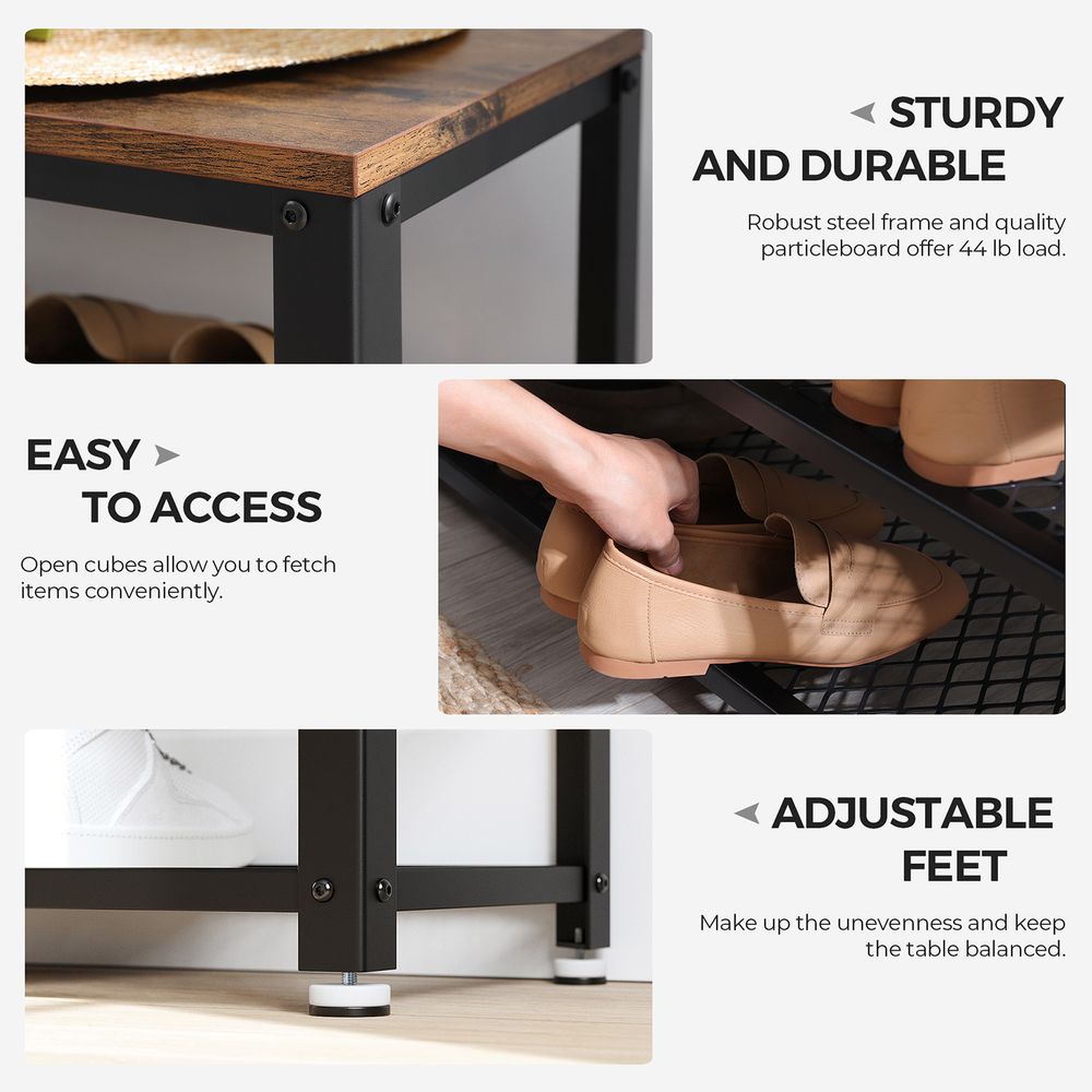 VASAGLE Shelf Storage Bench with Metal Mesh Shelves and Seat