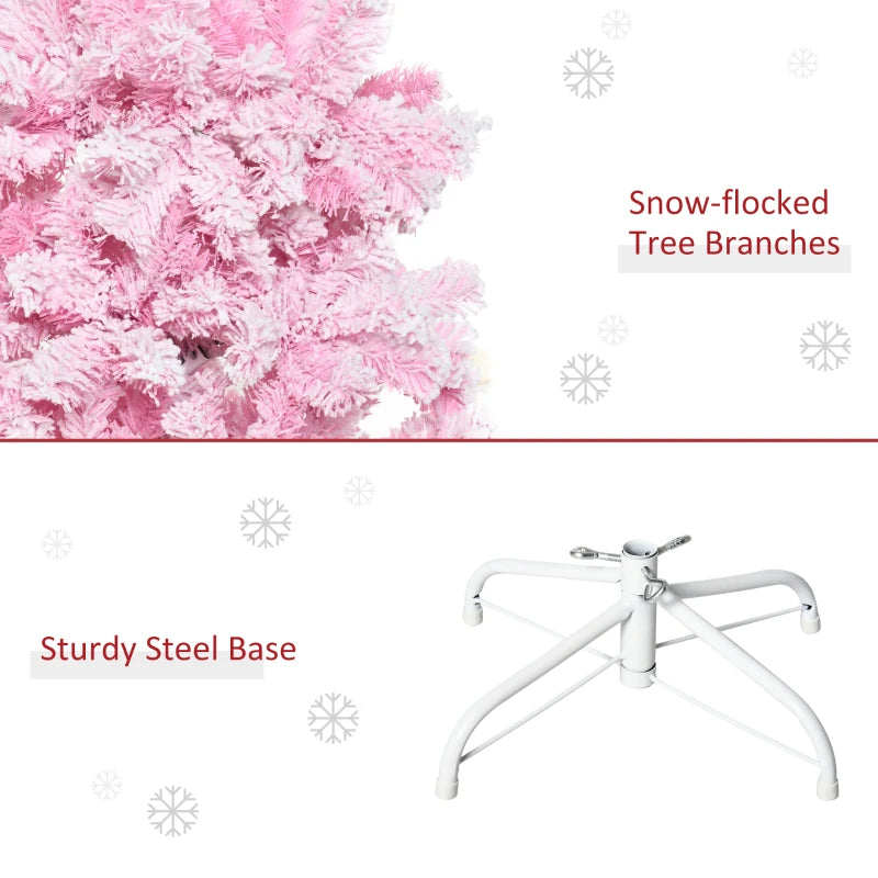 HOMCOM 5ft Snow-Flocked Artificial Christmas Tree – Slim Pencil Design, Realistic Branches, Auto Open, Steel Base, Pink