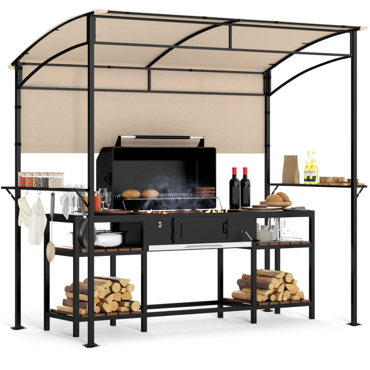7.8 x 4.4 ft Outdoor BBQ Grill Gazebo Canopy with Sidewall, Metal Shelves & Bottle Openers