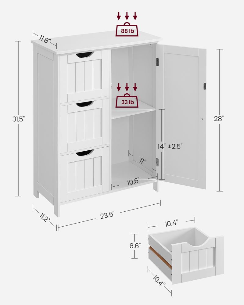 VASAGLE White Bathroom Storage Cabinet with 3 Drawers