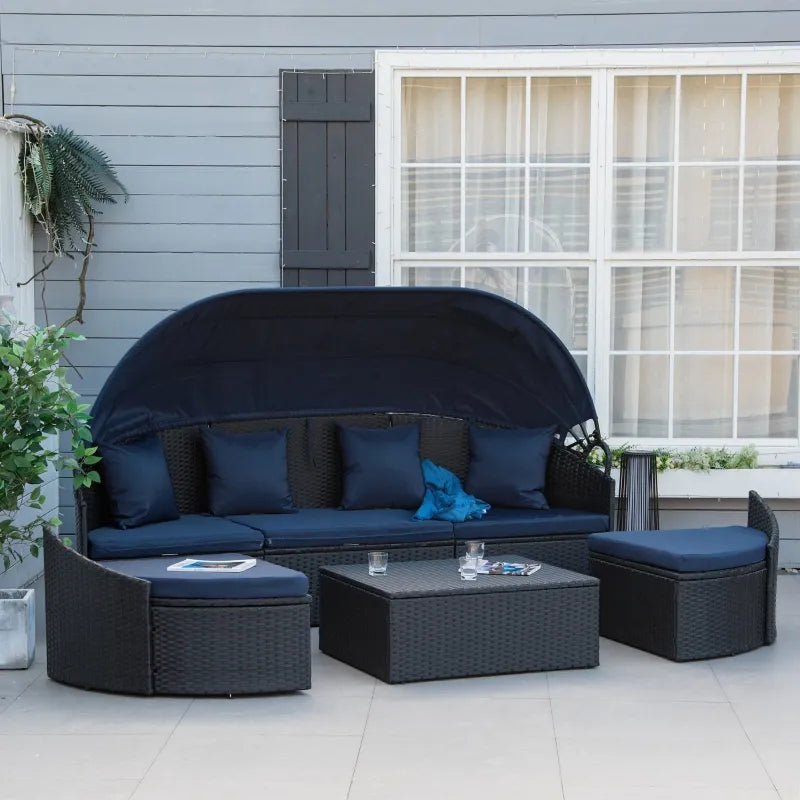 Outsunny 4 Pieces Patio PE Wicker Round Daybed, Outdoor Rattan Garden Lounge Furniture Sets, Dark Blue
