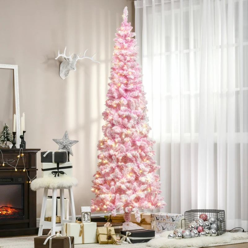 HOMCOM 7.5ft Prelit Snow-Flocked Artificial Christmas Tree – Pencil Shape, 700 Realistic Pine Branches, Warm White LED Lights, Auto Open, Pink & White
