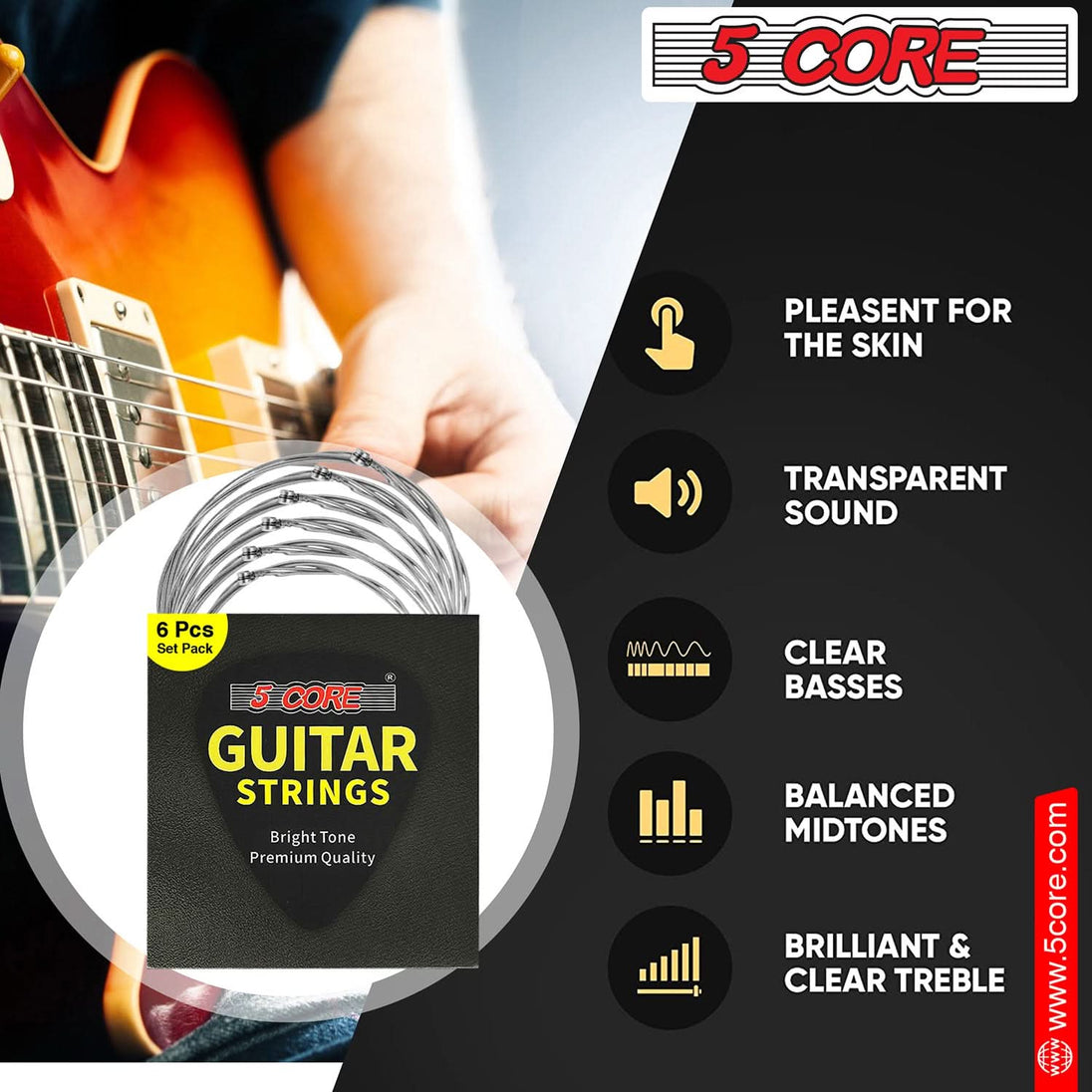 5Core Acoustic Guitar Strings 0.010-0.048 Steel Gauge Heavy Duty w Bright Tone For 6 String Guitars