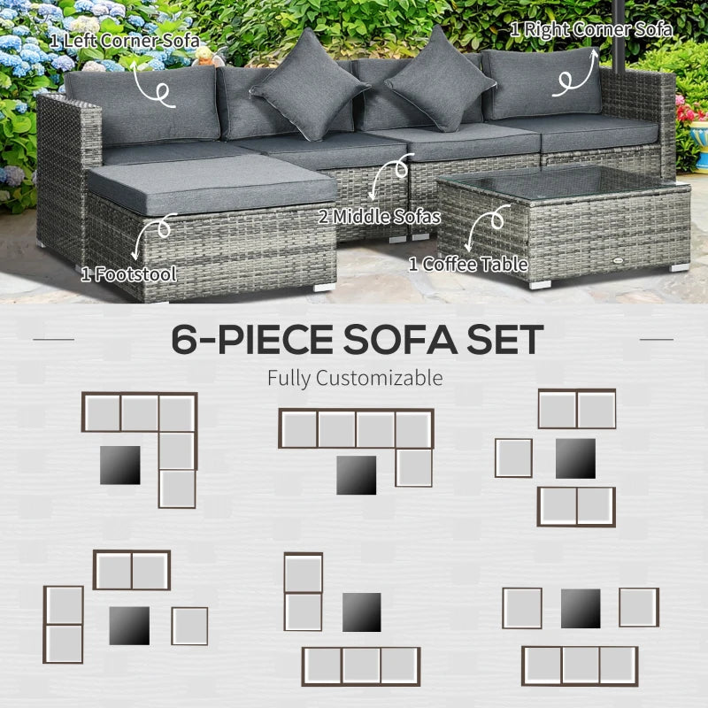 Outsunny 6 Pieces Outdoor PE Rattan Wicker Patio Furniture Sofa Set with Thick Cushions, Deluxe Garden Sectional Couch with Glass Top Table, Mixed Grey and Dark Grey