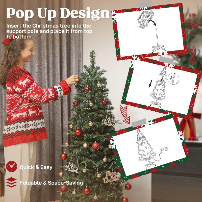 HOMCOM 7FT Prelit Pop Up Artificial Christmas Tree, Collapsible Green Xmas Tree with Warm White LED Lights and Metal Stand