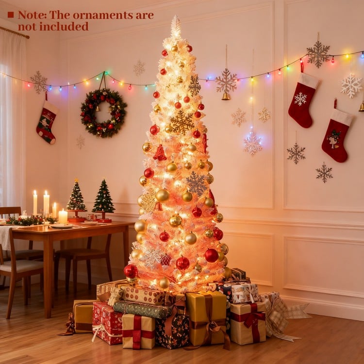 7 ft Snow-flocked Artificial Pink Christmas Tree Pre-lit Hinged Xmas Tree for Holiday Decoration