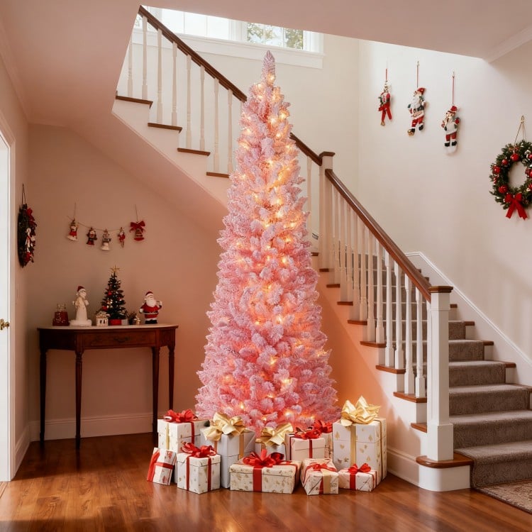 7 ft Snow-flocked Artificial Pink Christmas Tree Pre-lit Hinged Xmas Tree for Holiday Decoration