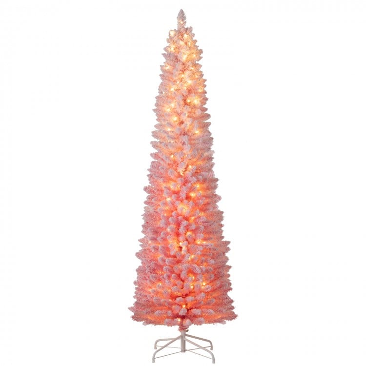 7 ft Snow-flocked Artificial Pink Christmas Tree Pre-lit Hinged Xmas Tree for Holiday Decoration