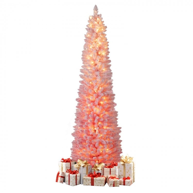 7 ft Snow-flocked Artificial Pink Christmas Tree Pre-lit Hinged Xmas Tree for Holiday Decoration