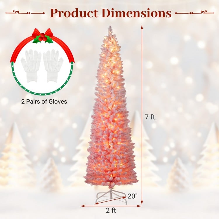 7 ft Snow-flocked Artificial Pink Christmas Tree Pre-lit Hinged Xmas Tree for Holiday Decoration