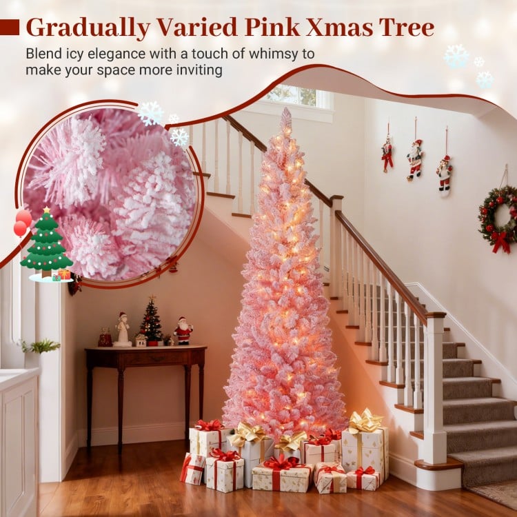 7 ft Snow-flocked Artificial Pink Christmas Tree Pre-lit Hinged Xmas Tree for Holiday Decoration