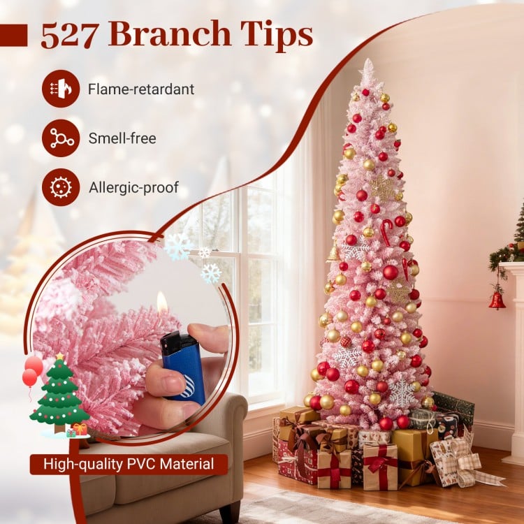 7 ft Snow-flocked Artificial Pink Christmas Tree Pre-lit Hinged Xmas Tree for Holiday Decoration
