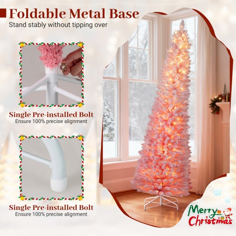 7 ft Snow-flocked Artificial Pink Christmas Tree Pre-lit Hinged Xmas Tree for Holiday Decoration