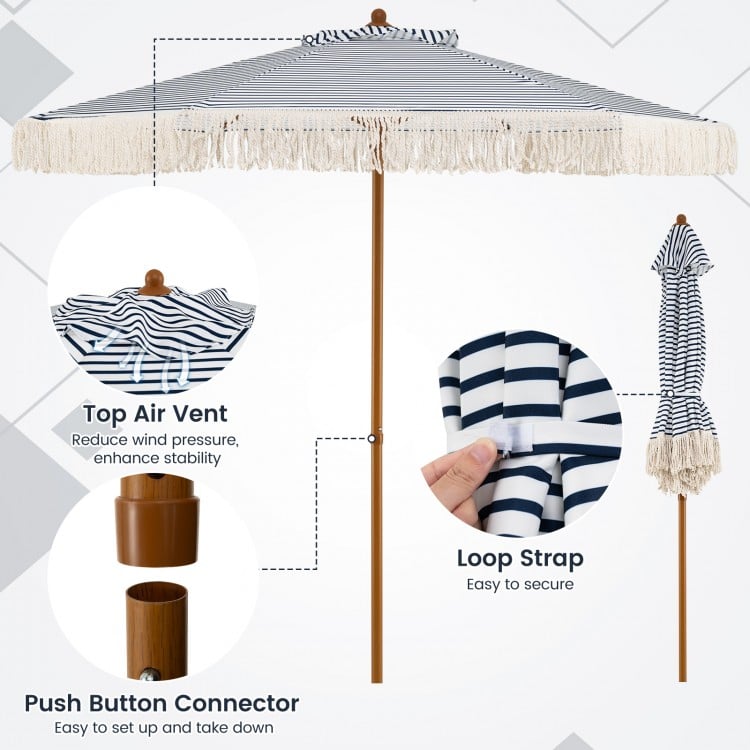 7 Feet Patio Umbrella with Fringe Sun-Protective Beach Umbrella with Boho Tassel-Blue