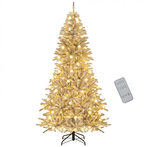 7 Feet Snow-flocked Artificial Christmas Tree Pre-lit Hinged with 81 Sphere Lights and Remote