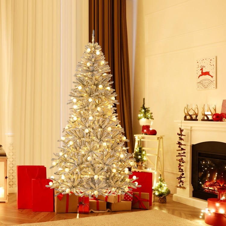 7 Feet Snow-flocked Artificial Christmas Tree Pre-lit Hinged with 81 Sphere Lights and Remote