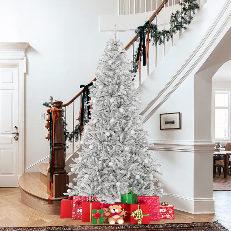 7 Feet Snow-flocked Artificial Christmas Tree Pre-lit Hinged with 81 Sphere Lights and Remote
