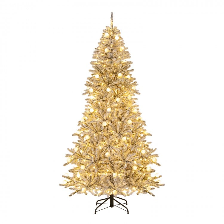 7 Feet Snow-flocked Artificial Christmas Tree Pre-lit Hinged with 81 Sphere Lights and Remote