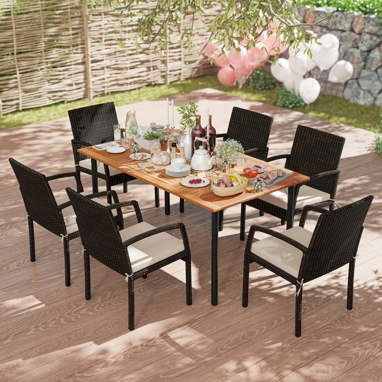7 Pieces Outdoor Dining Set Acacia Wood Table with Umbrella Hole and Cushions-White